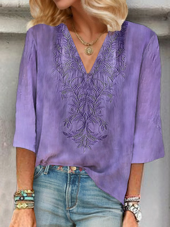 Women's Floral Print V-Neck Casual Blouse