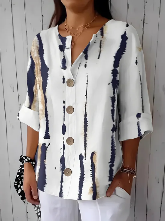 Women's Stripe Art Print Button Linen Blend Shirt