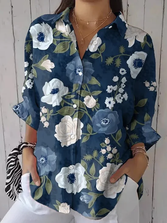 Women's Vintage Floral Print Casual Lapel Shirt