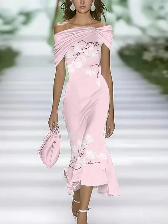 Women's Cap Sleeve Summer Pink Floral Printing Cold Shoulder Daily Going Out Vintage Maxi H-Line Dress