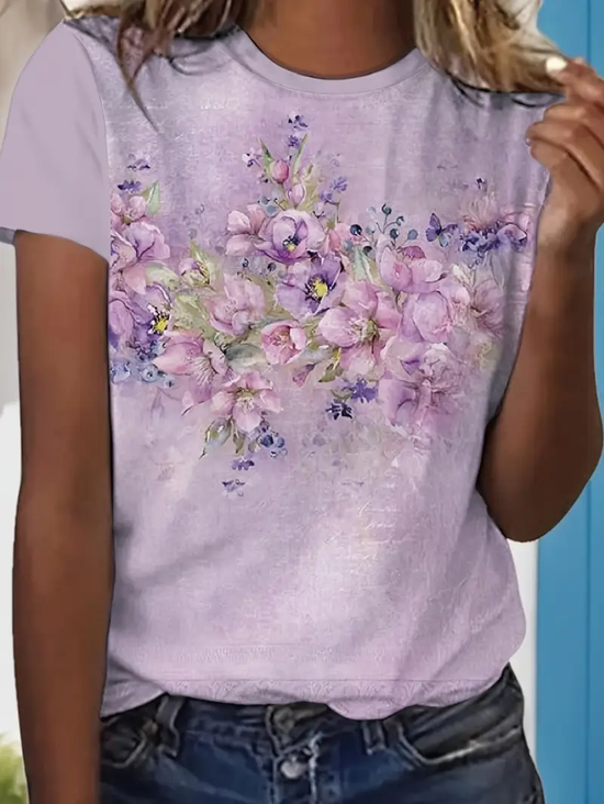 Women's Floral Print Casual Crew Neck Short Sleeve T-Shirt