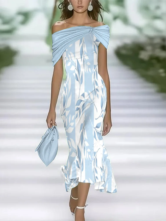 Women's Cap Sleeve Summer Blue Floral Printing Cold Shoulder Daily Going Out Vintage Maxi H-Line Dress