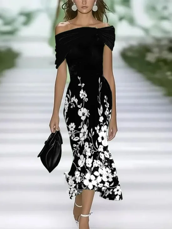Women's Cap Sleeve Summer Black Floral Printing Cold Shoulder Daily Going Out Vintage Maxi H-Line Dress