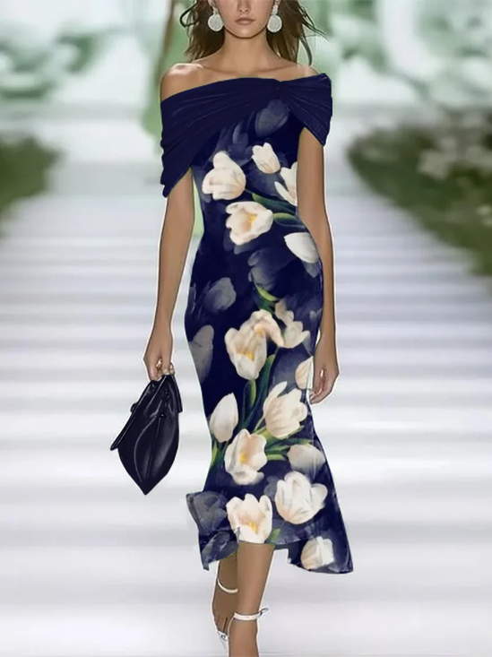 Women's Cap Sleeve Summer Purplish blue Floral Printing Cold Shoulder Daily Going Out Vintage Maxi H-Line Dress