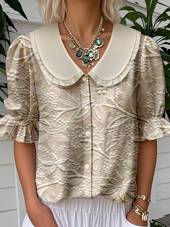 Loose Casual Shawl Collar Floral Shirt