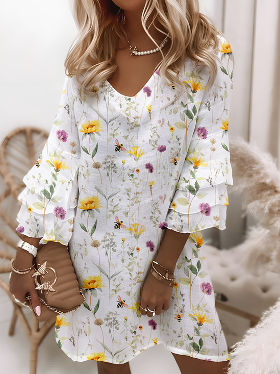 Casual Lace Sleeve V-Neck Printed Dress