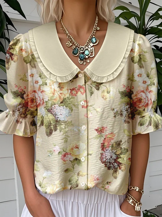 Casual Floral Loose Shawl Collar Shirt