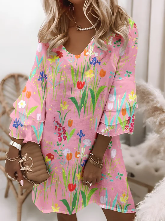 Loose Cotton V Neck Vintage Dress