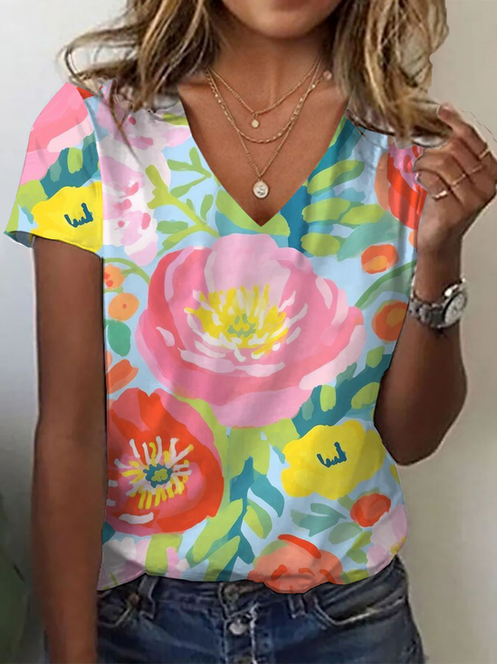 Women's Floral Print Casual V-Neck Short Sleeve T-Shirt