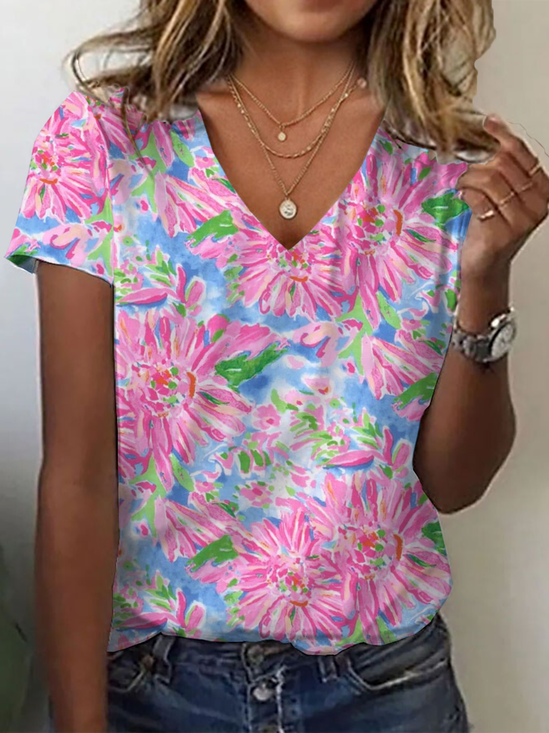 Women's Floral Print Casual V-Neck Short Sleeve T-Shirt