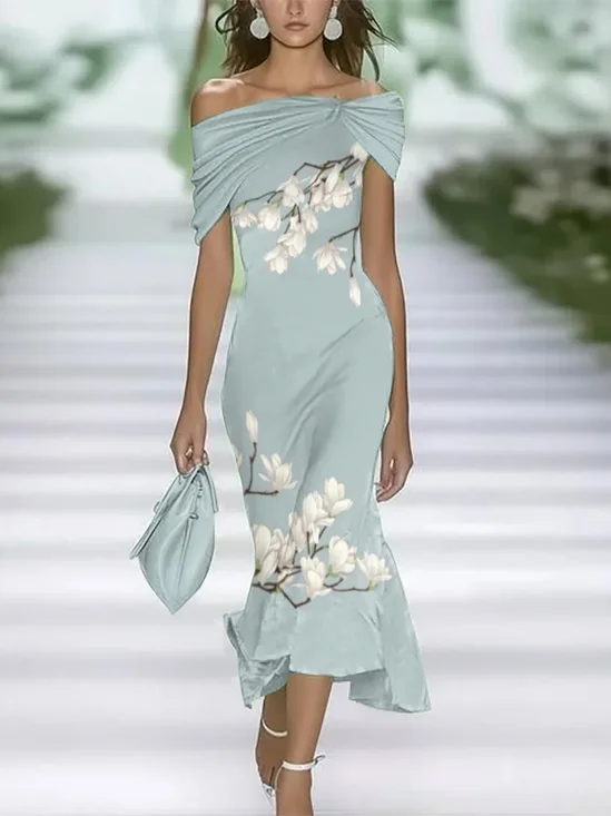 Women's Cap Sleeve Summer Pink Floral Printing Cold Shoulder Daily Going Out Vintage Maxi H-Line Dress