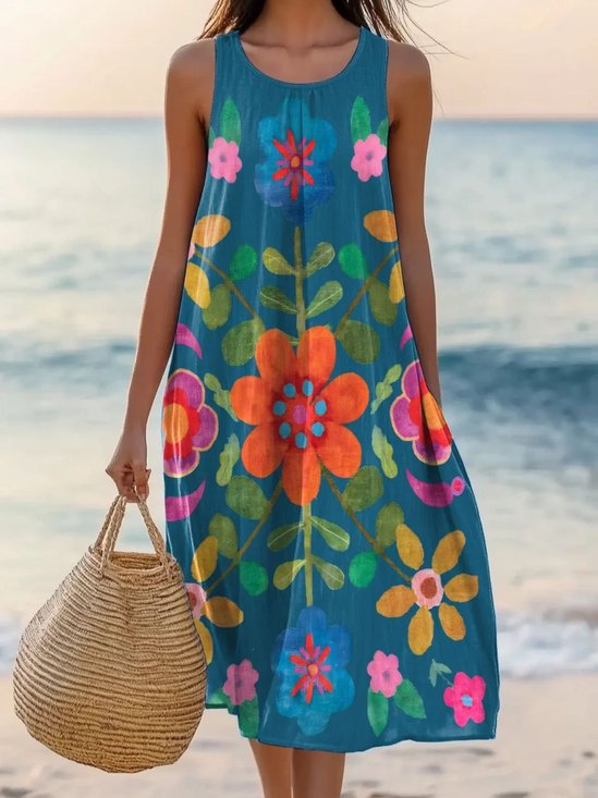 Floral Cotton Simple Dress With No