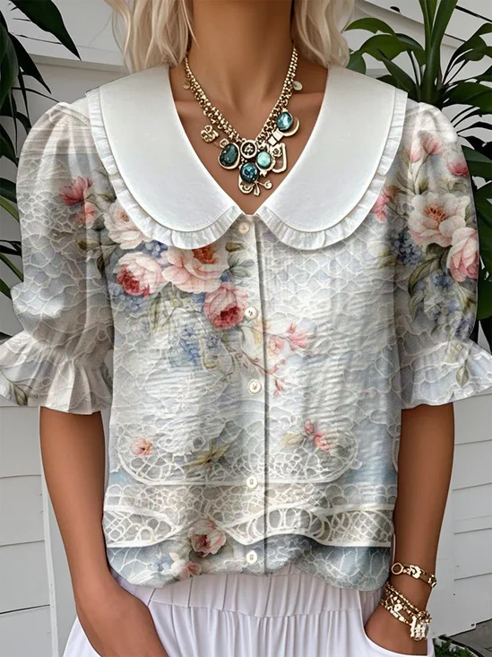Loose Simple Floral Shawl Collar Shirt