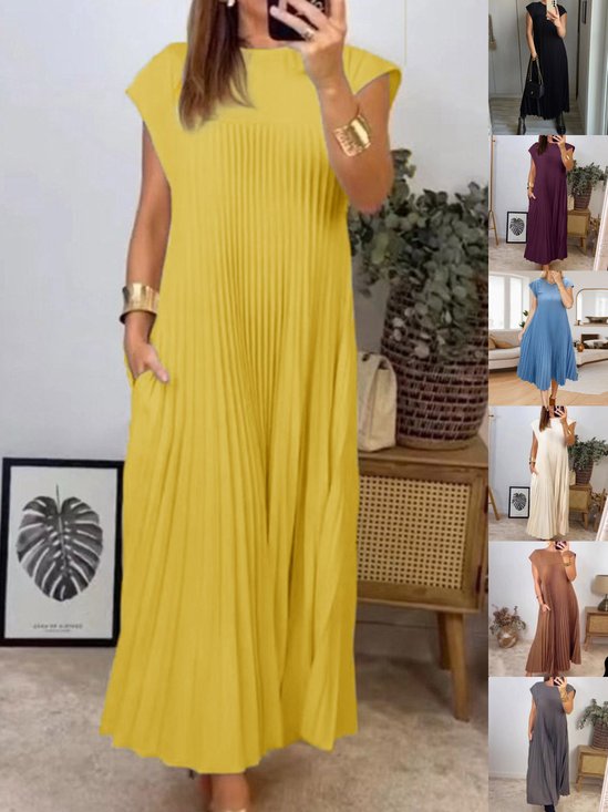 Women's Short Sleeve Summer Yellow Plain Split Joint Crew Neck Daily Going Out Vintage Maxi A-Line T-Shirt Oversized Dress