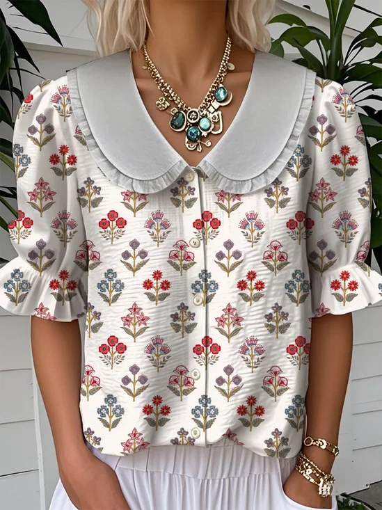 Shawl Collar Floral Loose Casual Shirt