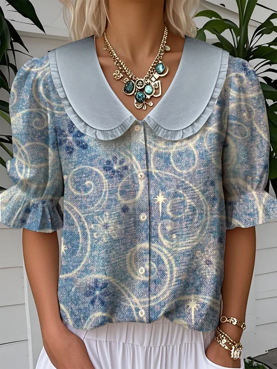 Loose Faux Denim Print Graphic Simple Shirt