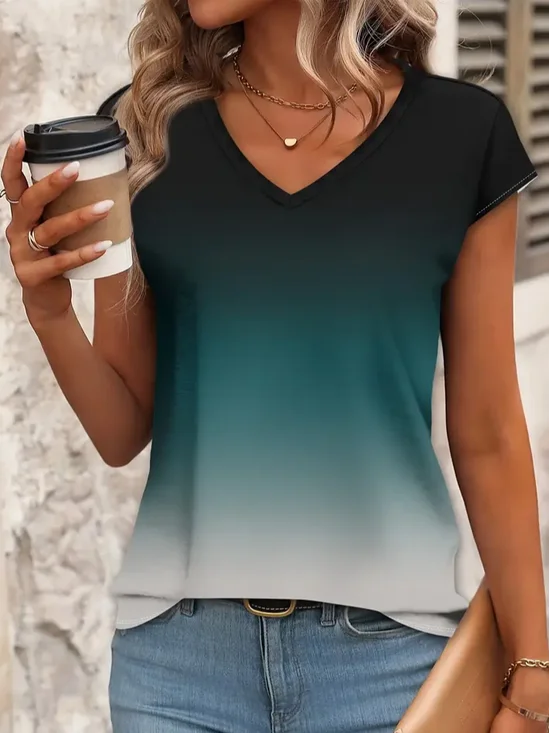 Women's Gradient Printed Casual V-Neck Short Sleeve T-Shirt