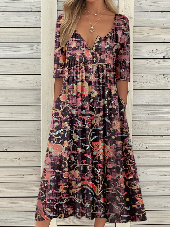 Half Open Collar Floral Casual Loose Dress