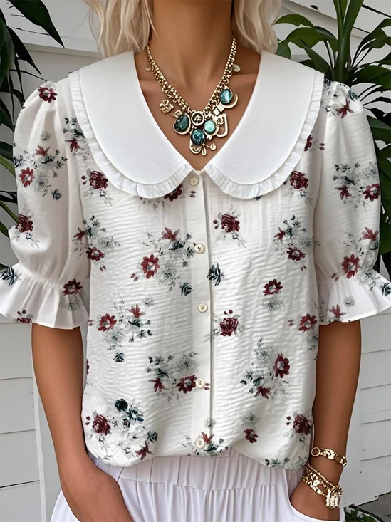 Floral Simple Shawl Collar Loose Shirt