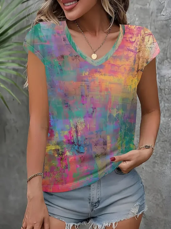 Women's Abstract Printed Casual V-Neck Short Sleeve T-Shirt
