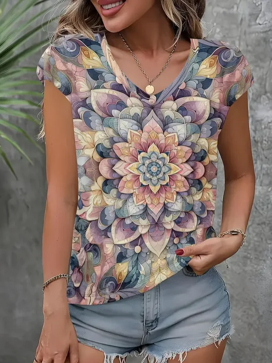 Women's Floral Print Casual V-Neck Short Sleeve T-Shirt