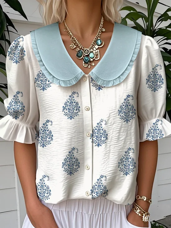 Geometric Casual Loose Shawl Collar Shirt