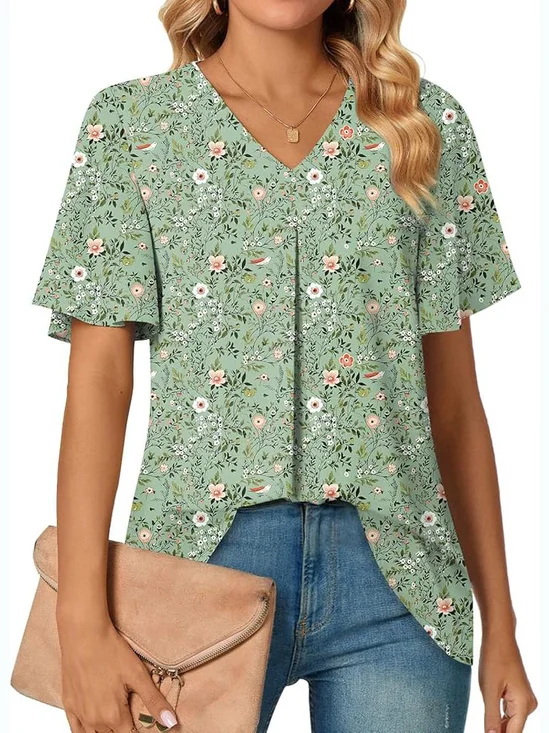 Cotton Floral Casual V Neck Shirt