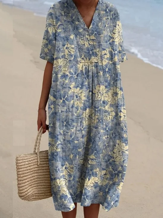 Cotton Casual Floral V Neck Dress With No