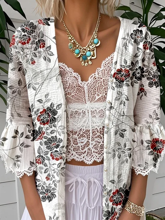 Casual 3/4 Sleeve Cotton Floral Cape Jacket