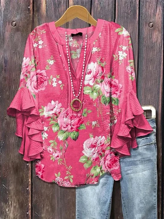 Women's Floral Ruffle Sleeve Top