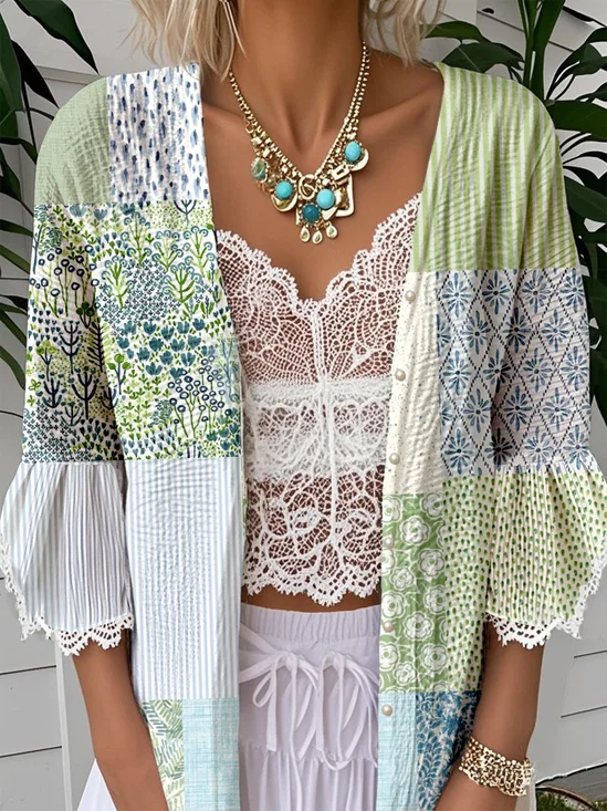 Casual 3/4 Sleeve Cotton Floral Cape Jacket