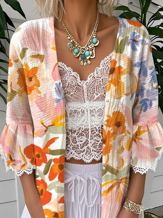Casual 3/4 Sleeve Cotton Floral Cape Jacket