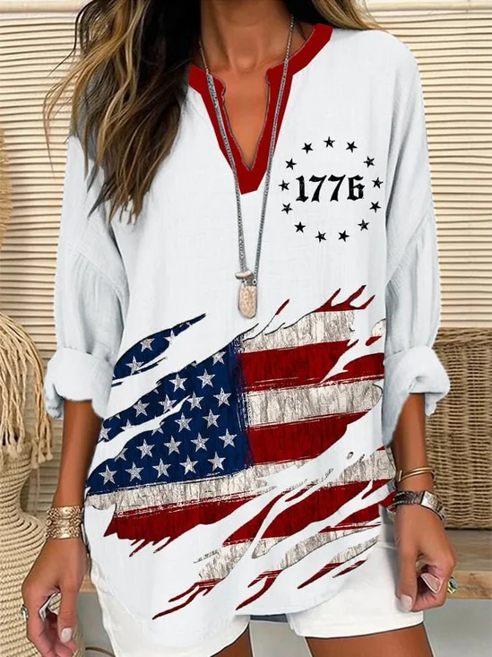 Women's Independence Day Flag Design Casual Loose V-Neck Long Sleeve Shirt