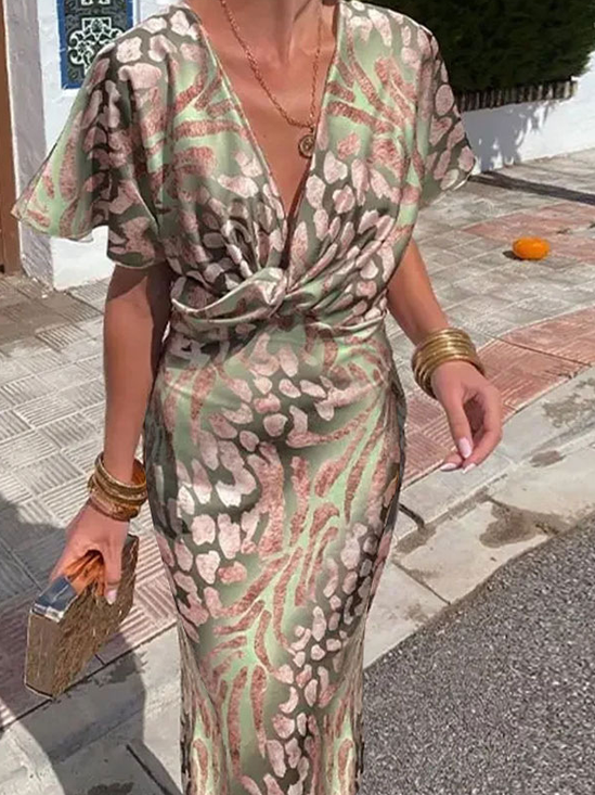 Women's Short Sleeve Summer Green Zebra Split Joint V Neck Daily Going Out Casual Maxi A-Line Hip Skirt Dress
