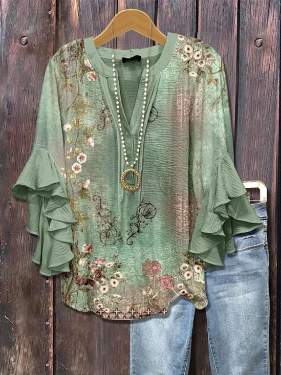 Women's Floral Ruffle Sleeve Top