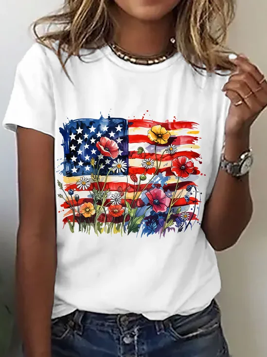 American Flag Floral Cotton T-Shirt