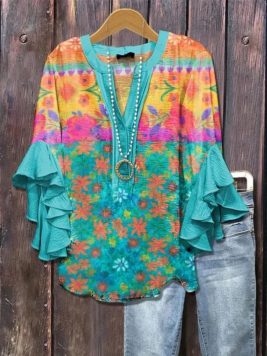 Women's Floral Ruffle Sleeve Top