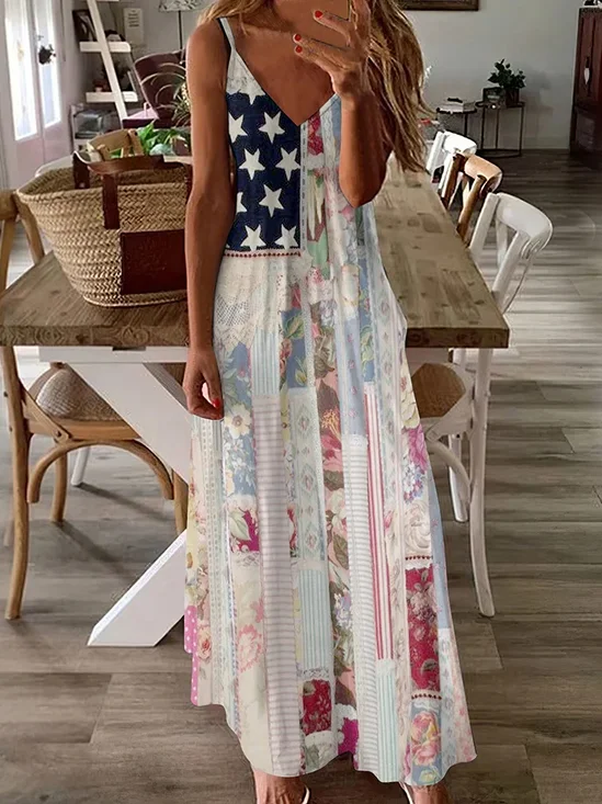 Women's Vintage Independence Day Flag Floral Patch Boho Dress