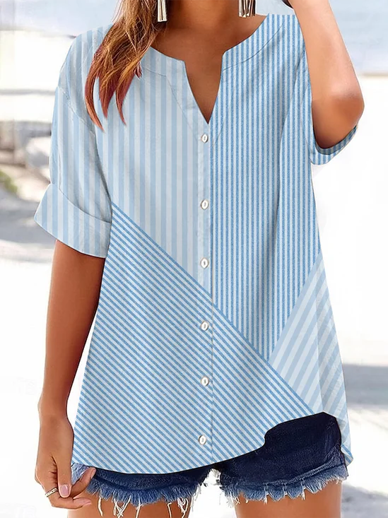 Women's Striped Printed Casual Short Sleeve Shirt