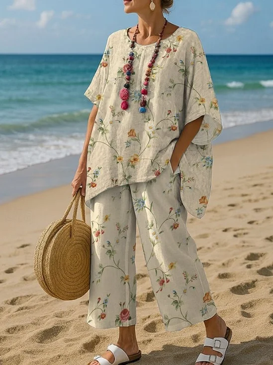 Women's Flower Print T-shirt And Pants Two Piece Set
