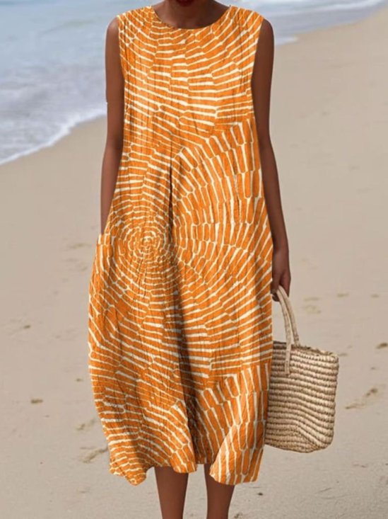Geometric Crew Neck Cotton Simple Dress With No