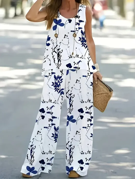 Women's Floral Print Casual Vest and Pants Two-Piece Set