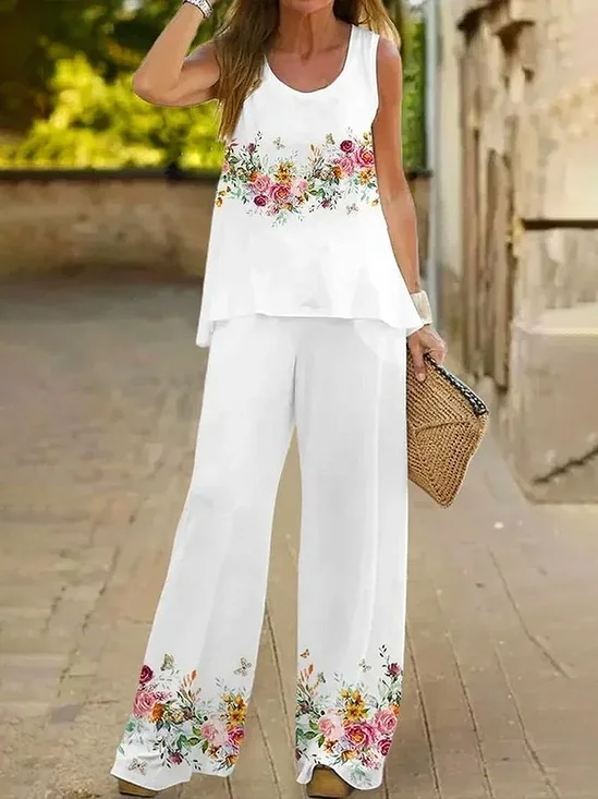 Women's Floral Print Casual Vest and Pants Two-Piece Set