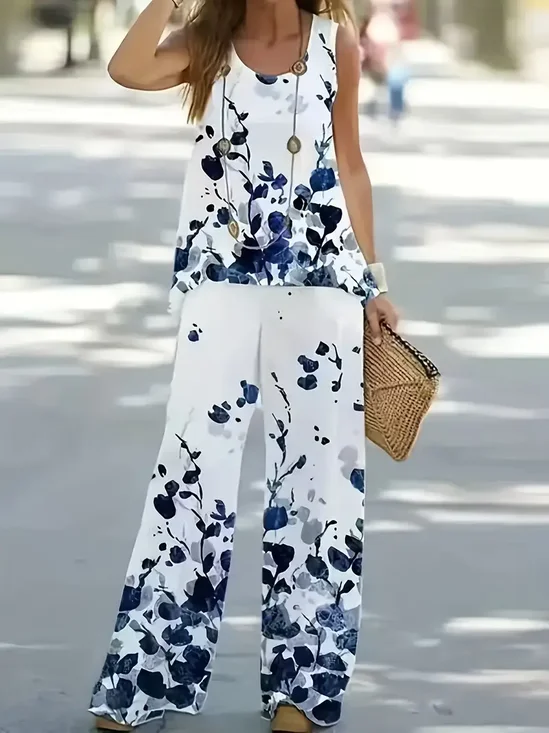 Women's Floral Print Casual Vest and Pants Two-Piece Set