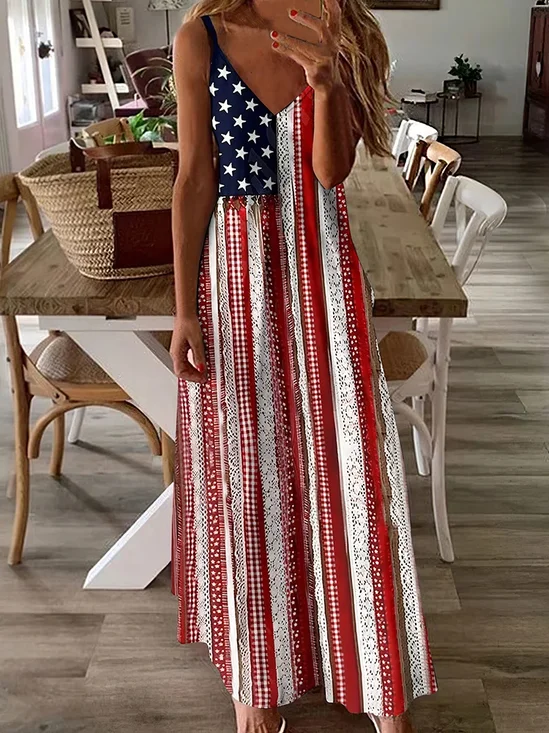 Women's Vintage Independence Day Flag Floral Patch Tank Dress