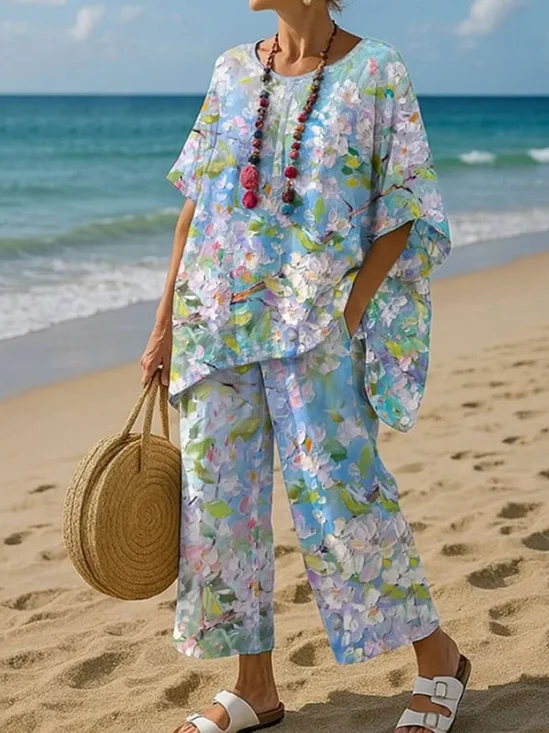 Women's Oil Painting Flowers Print T-shirt And Pants Two Piece Set