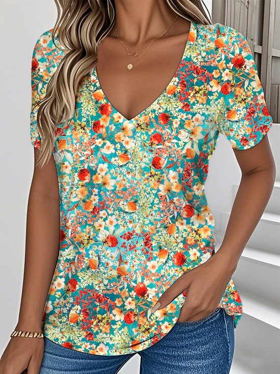 Casual Botanical Pattern Loose Jersey T-Shirt