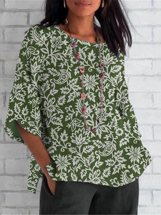 Casual Crew Neck Floral Cotton T-Shirt