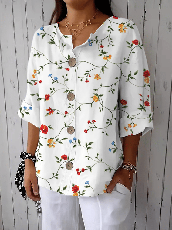 Vintage Stand Collar Floral Loose Shirt