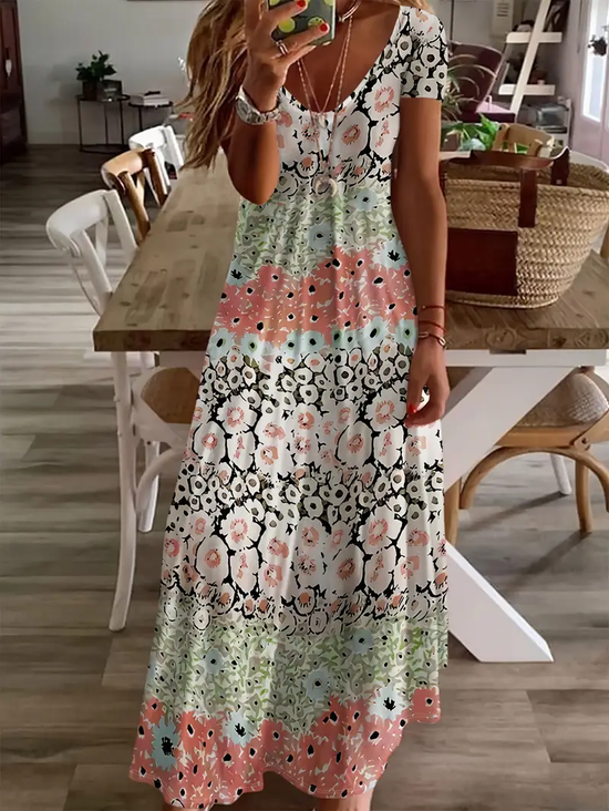 Women's Floral Print V-Neck Short Sleeve Casual Dress